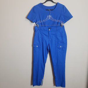 Jaanuu Royal Blue Peplum Scrub Top + Skinny Cargo Pant Scrub Set Med Large